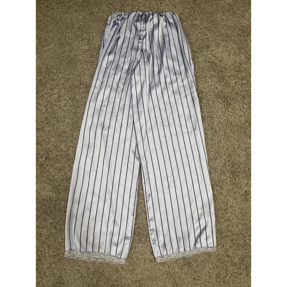 SKIMS Woven Shine Sleep Lace Pants Blue Pinstripe Satin Lounge Pajama Bottoms XS - Picture 5 of 9